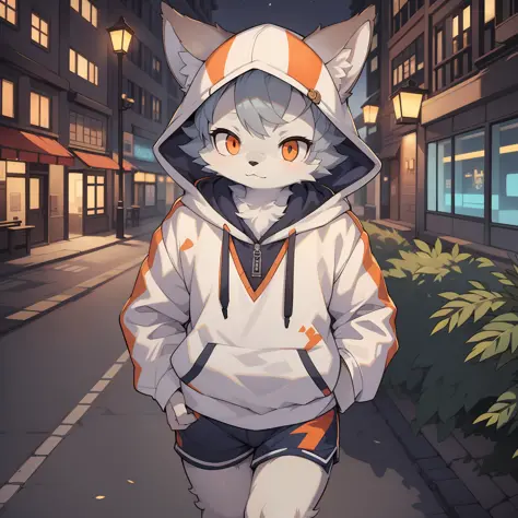 shota,furry,cute,lovely,navy blue fur,white ears,orange eyes,hoodie,gray shorts,cold lights,night,fantastic shadow light