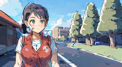 anime girl walking down the street in red vest，trees in the background, inspired by akihiko yoshida, cel - shaded art style, for...