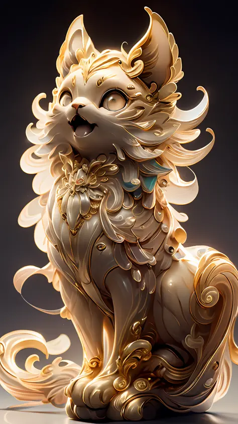 in the shape of a cat，Bling background，Dreamy colors，Transparent statue，florals，Big eyes，golden colored，Open-mouthed，laughingly，...