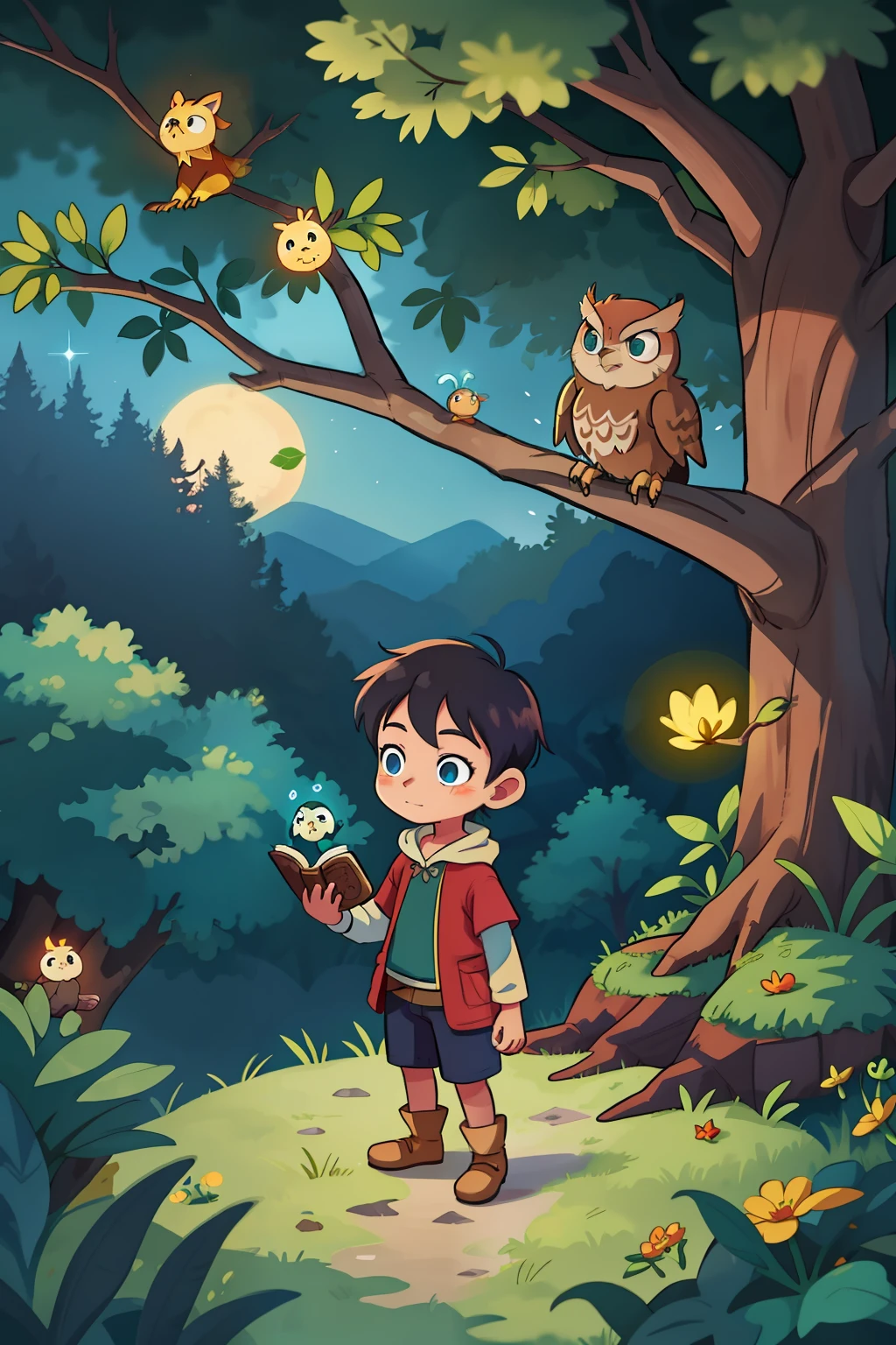 An enchanting illustration for a children's storybook depicting Leo and Oliver's magical encounter in the heart of the enchanted forest. Leo, a young and inquisitive boy, stands in awe as he gazes at Oliver, the wise old owl perched on a majestic tree branch. The moonlight casts a soft glow, illuminating the scene with a touch of mystery. Oliver, with his eyes filled with wisdom, captivates Leo's attention as he shares tales of mythical creatures and riddles that lie ahead on their adventure. The illustration showcases the lush beauty of the enchanted forest, with vibrant flora and twinkling fireflies adding to the magical atmosphere. The colors are rich and inviting, evoking a sense of wonder and intrigue. Leo's expression of awe and curiosity is mirrored in the readers' own imagination, sparking their curiosity and sense of adventure. Inspired by the enchanting storytelling of Studio Ghibli and the whimsical illustrations of children's classics, this artwork invites young readers to embark on a journey of discovery, imagination, and friendship