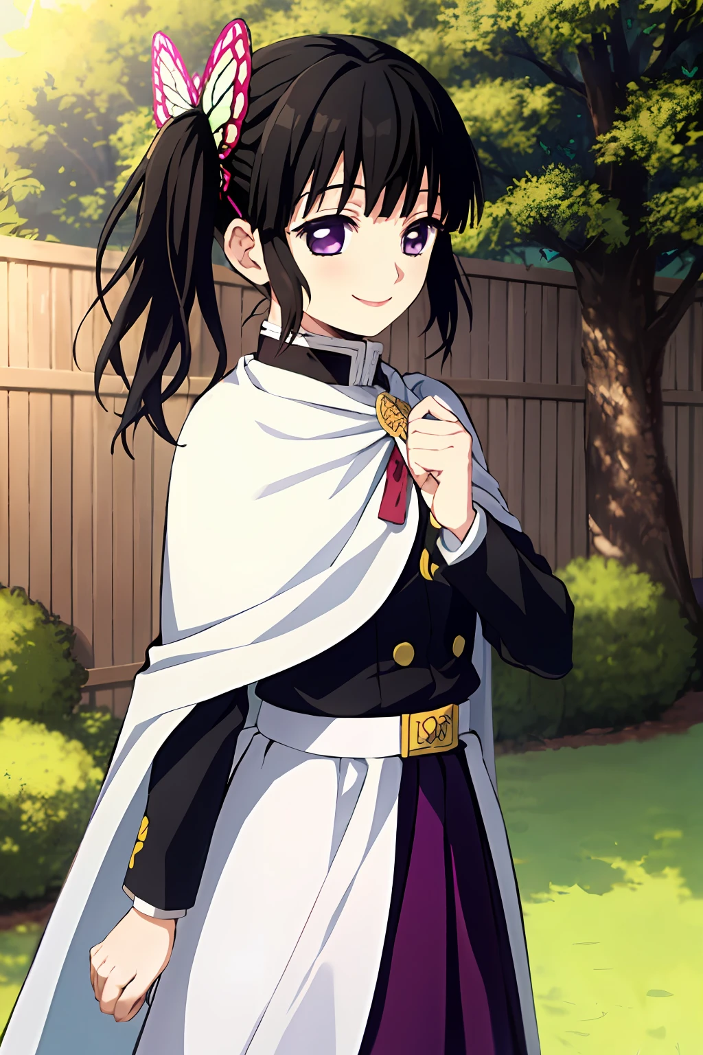 kimetsu no yaiba style, 1girl, butterfly hair ornament, hair ornament, butterfly, bug, demon slayer uniform, solo, purple eyes, side ponytail, butterfly on hand, smile, black hair, white cape, cape, outdoors, bangs, tree, fence, anime coloring,  ((masterpiece)), black uniform,