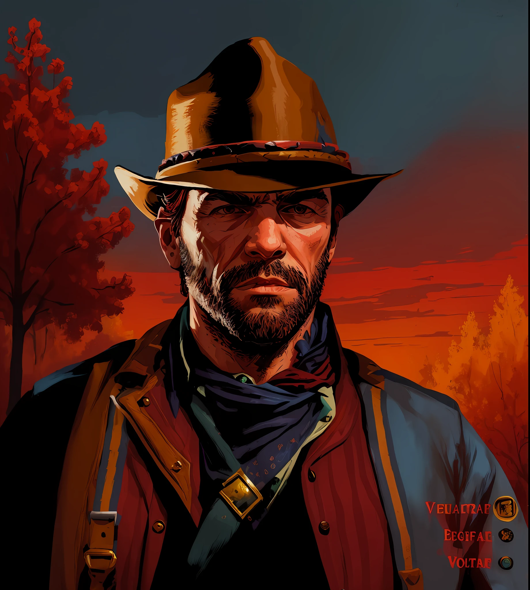 Style R3DD34D, portrait numérique, Arthur Morgan, triste, chapeau de cowboy, t-shirt bleu, grande barbe, ciel rouge,