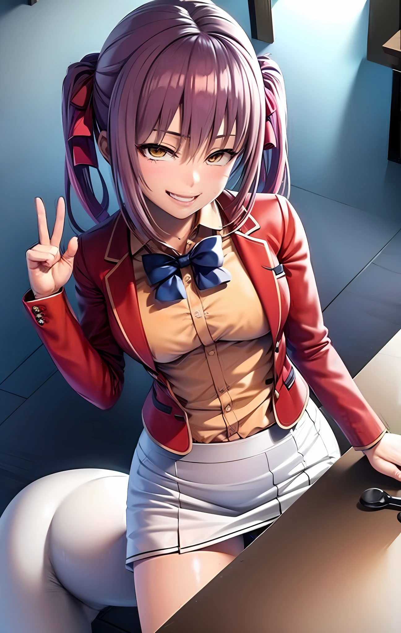 a woman in red school uniform,pink - purpule hair, yellow eyes, classroom, tails hairstyle, an evil grin, slim,( flat chest:1.2), sit on the school desk, (pose on all fours:1.2), (rear view:1.2), (ass:1.2), white skirt
masterpeace, best quality, (extremely detailed CG:1.4), highly detailed faces ,glowing colors,