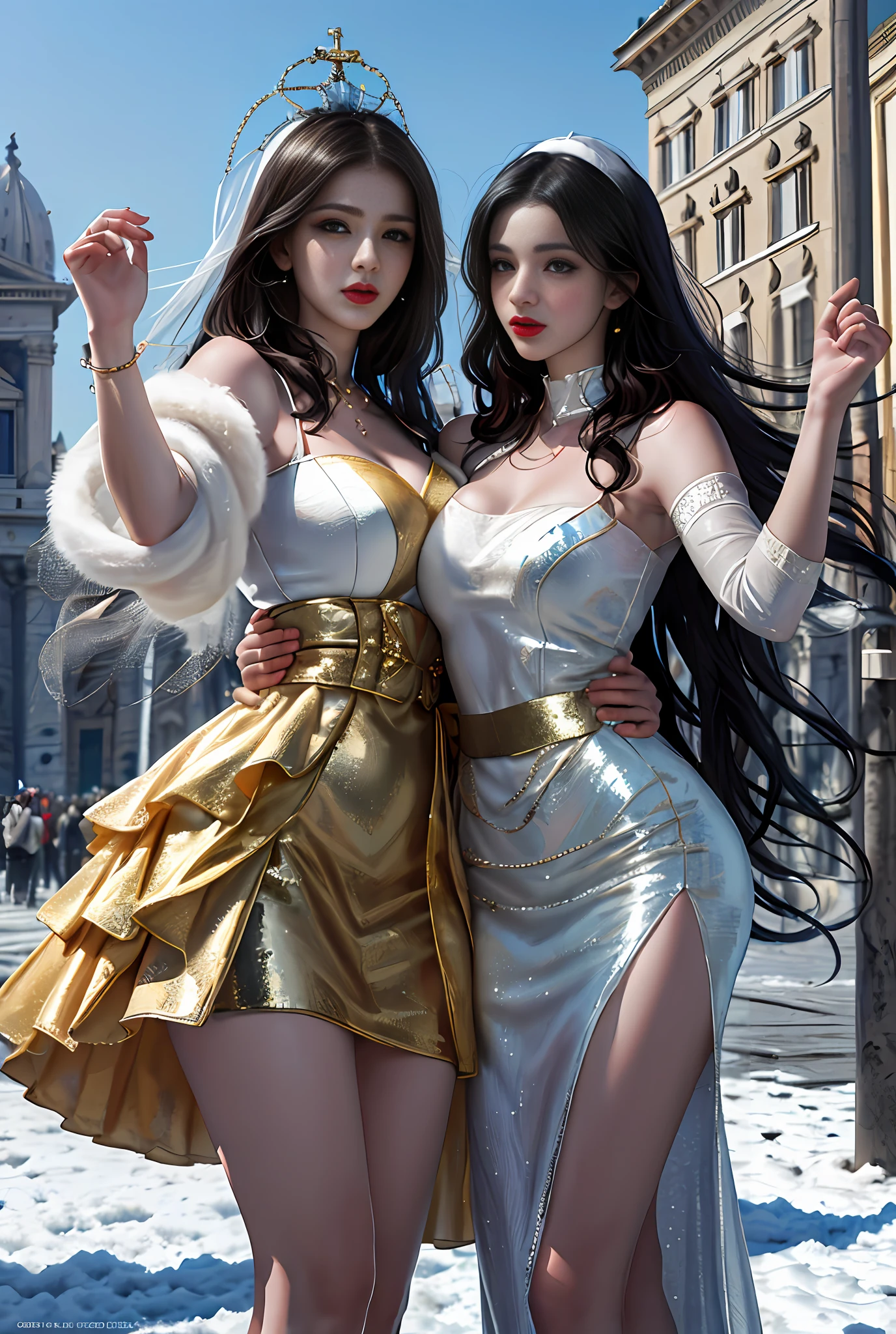 (Masterpiece, Best quality, Realistic),
2girls,duo,winter,snowy,(on the St. Peter's Square of Vatican,crowd of), st. Peter's Square of Vatican background,gypsy dress,(Princess Eyes,shiny pupils),Dancing,  Gold, banquet, crowd of, picking up skirt,
[Slight smile],
