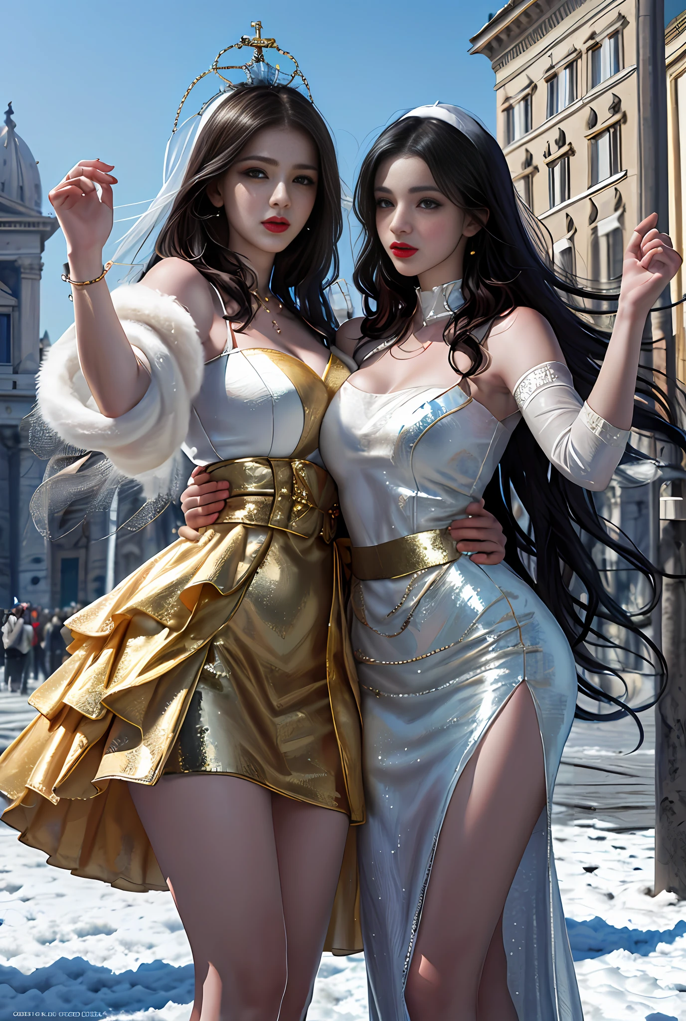 (巨作, Best quality, Realistic),
2girls,duo,winter,snowy,(on the St. Peter's Square of Vatican,crowd of), st. Peter's Square of Vatican background,gypsy dress,(Princess Eyes,shiny pupils),Dancing,  Gold, banquet, crowd of, picking up skirt,
[Slight smile],