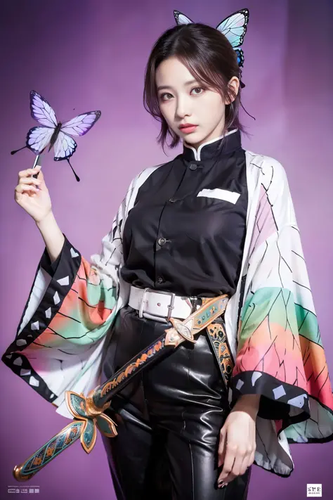 masterpiece, best quality, highres, 1girl, solo, kochou shinobu, butterfly hair ornament, purple eyes, multicolored hair, short ...