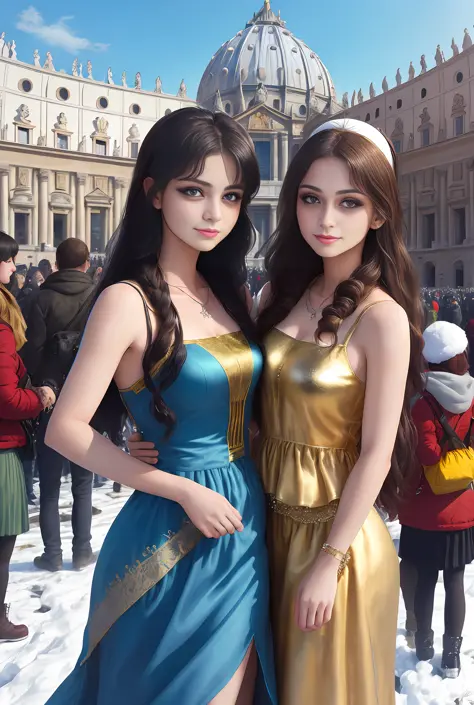 (巨作, Best quality, Realistic),
2girls,duo,winter,Snowy,(on the St. Peter's Square of Vatican,crowd of), sankta. Peter's Square o...