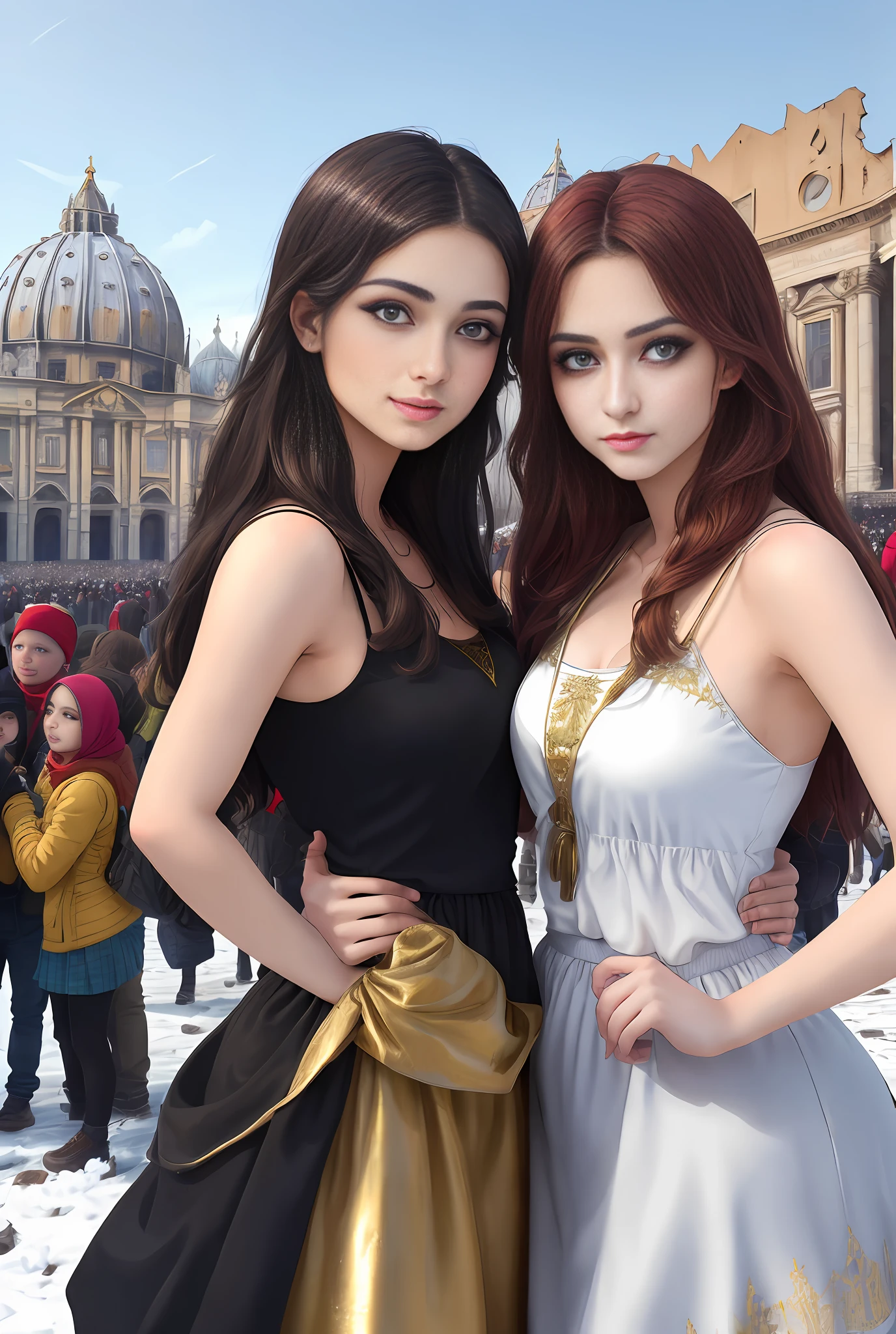 (巨作, Best quality, Realistic),
2girls,duo,winter,Snowy,(on the St. Peter's Square of Vatican,crowd of), sankta. Peter's Square of Vatican background,gypsy dress,(Princess Eyes,shiny pupils),Dancing,  gold, banquet, crowd of, picking up skirt,
[Slight smile],