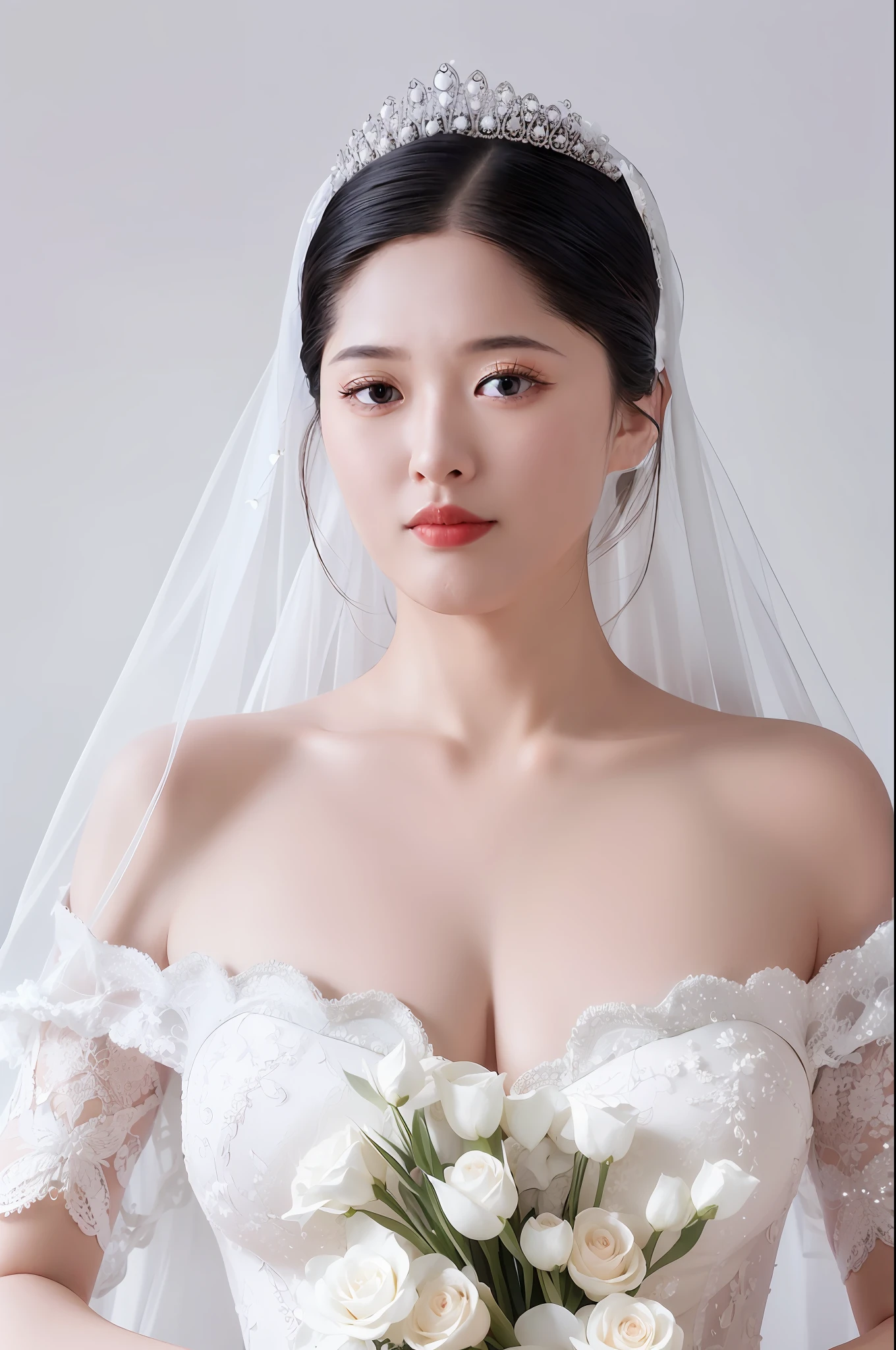 Asian beauty in white wedding dress，A half body，Holding white flowers，Fantastic scene，Bigchest，A high resolution，Realisticstyle