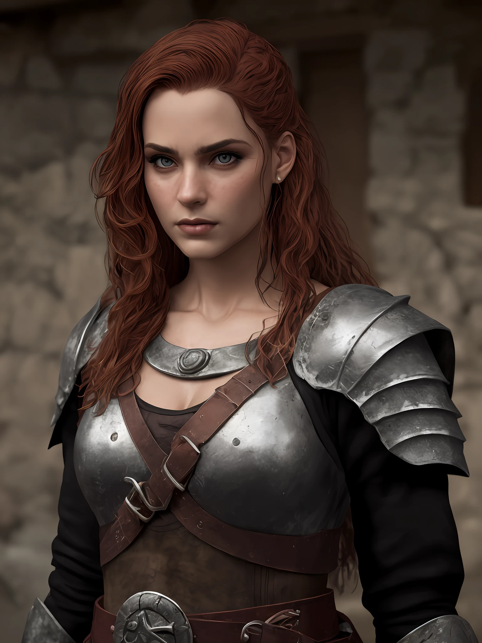 Close-up, (high qualiy: 1.3), Cinematic Still Shot, Masterpiece artwork, (sharp focus: 1.5), (photorrealistic: 1.3), medium portrait of (a tired-looking Viking warrior woman, redheadwear, Breasts huge, but still proud and fierce, now the leader of her village , dressed in elaborately detailed chain mail and leather armor, some torches burn on the walls, giving the scene a somber atmosphere, but sculpting the shapes in crisp chiaroscuro), it is night time, (highly detailed skin), (face detailed), detailed back ground, dark ilumination, twilight lighting, volumeric lighting, complexdetails, uhd,