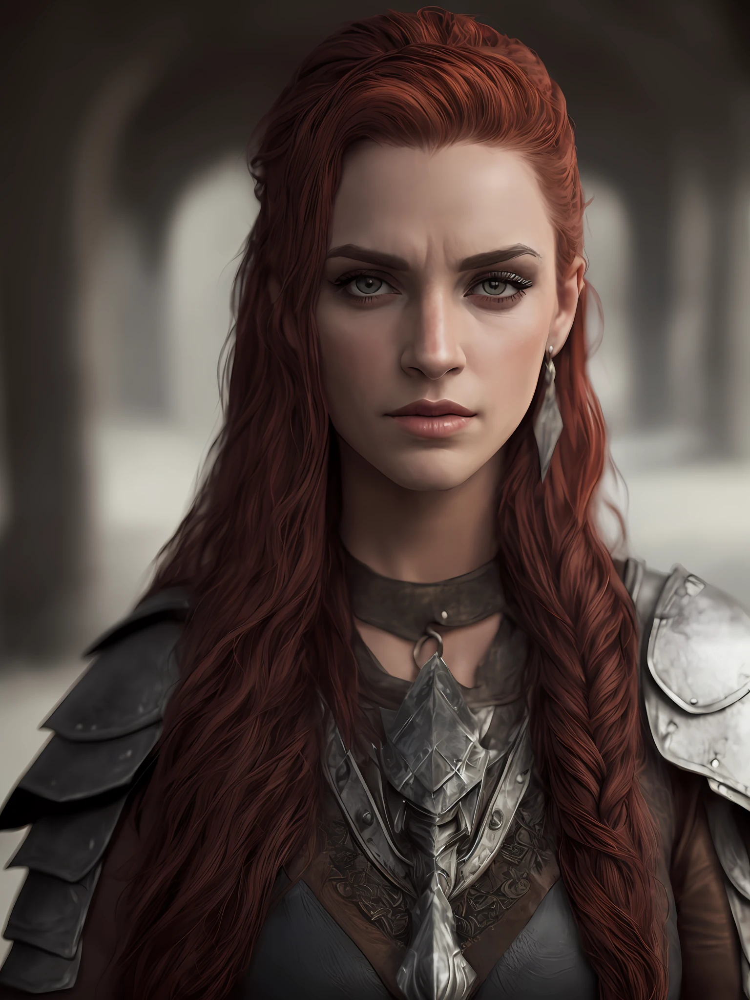 Close-up, (high qualiy: 1.3), Cinematic Still Shot, Masterpiece artwork, (sharp focus: 1.5), (photorrealistic: 1.3), medium portrait of (a tired-looking Viking warrior woman, redheadwear, Breasts huge, but still proud and fierce, now the leader of her village , dressed in elaborately detailed chain mail and leather armor, some torches burn on the walls, giving the scene a somber atmosphere, but sculpting the shapes in crisp chiaroscuro), it is night time, (highly detailed skin), (face detailed), detailed back ground, dark ilumination, twilight lighting, volumeric lighting, complexdetails, uhd,