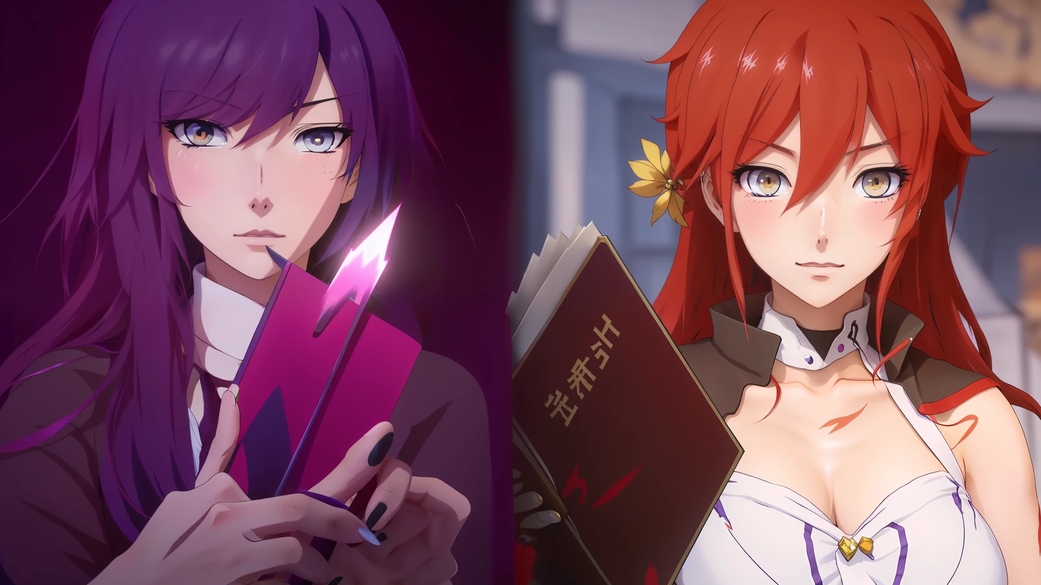 Two anime characters with red hair and blue eyes holding a book - SeaArt AI