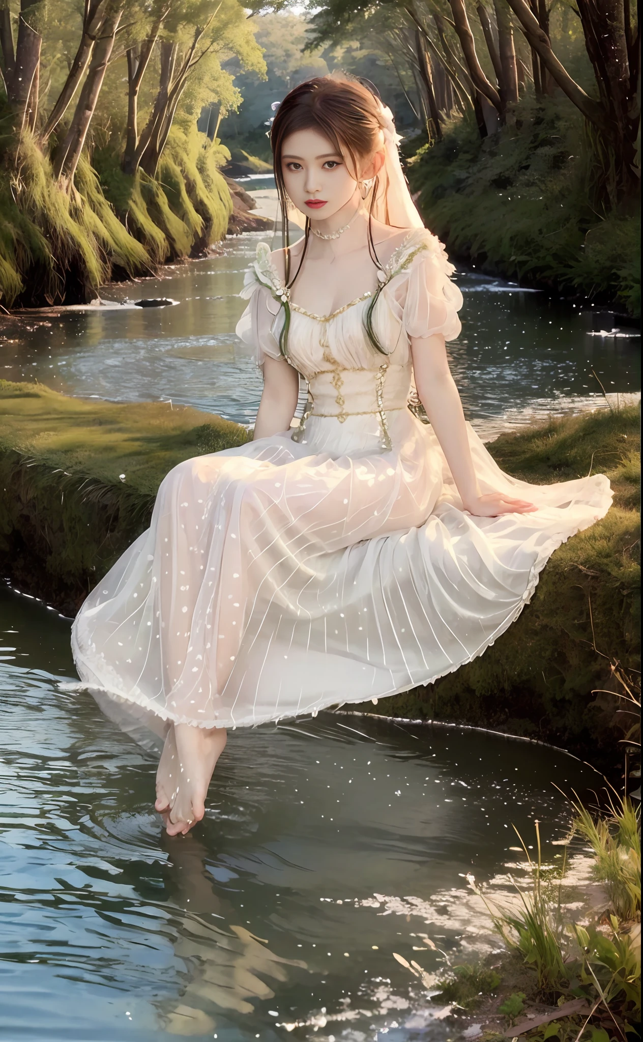 ((Masterpiece))), (Best Quality)), (Ultra Detailed), (Illustration), (Very Tasty and Beautiful), Dynamic, Floating, (Beautiful), (Light of Detail) 1 Girl, Pointy, Long Hair, Water, Solo, Elf, Seated, Half, White Hair, Chain, Green Eyes, Toeless Legs, Barefoot, Jewelry, Viewer, Feathers, Leaves, Nature, (Sunlight), River, (Forest), (Painting), (Sketch), (Blossom), (Portrait: 1.2), (Butterfly: 1.2), (Tindale effect), obscure, Hanfu