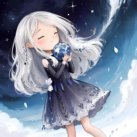 a long-haired girl holds earth in her hand，she pressed it gently to her chest，as if protecting the whole world。the earth is in h...