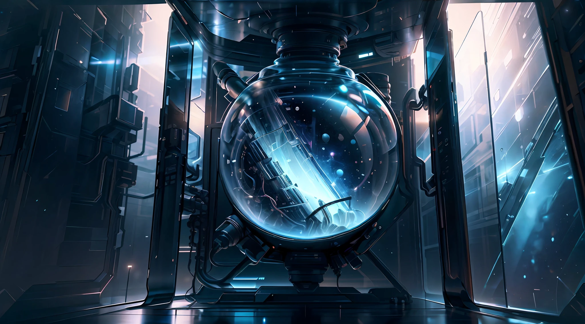 space station, Inside the capsule, corners, Small glass jar device, Vertical glass walls, Connect the device, Connect the pipes, The jar has blue glowing particles, Conceptual art, Futurism, Surrealism, high detail, cinematic lighting, close-up, super detail, UHD --auto --s2