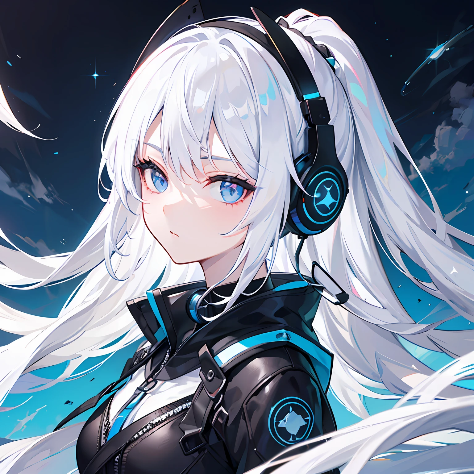 White hair, Sparkle, Masterpiece, Anatomically correct, High quality, Best quality, Highly detailed detailed face，（medium to long shot），Kizi，the lora，Earphone，（（（​​clouds：0.3），multiple_luna，（floating_Fortress Technical Machinery），night sky background）），（cyberpunk_aerospace_helmet）