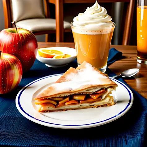 perfect photo of apple strudel in (greg rutkowski) style, whipped cream, apple slices, cappuccino, german restaurant background,...