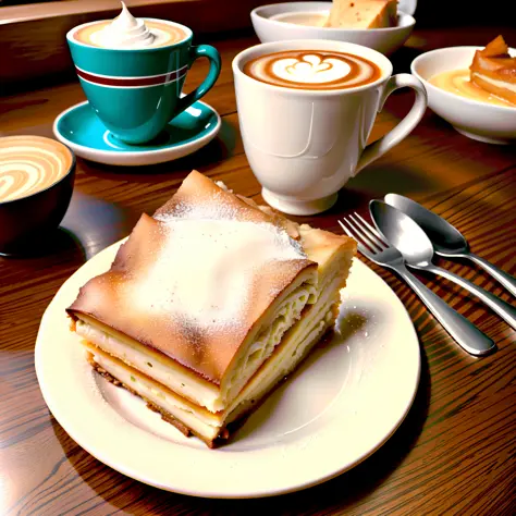 perfect photo of apple strudel in (greg rutkowski) style, whipped cream, apple slices, cappuccino, german restaurant background,...