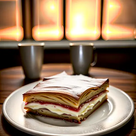 perfect photo of apple strudel in (greg rutkowski) style, whipped cream, apple slices, cappuccino, german restaurant background,...