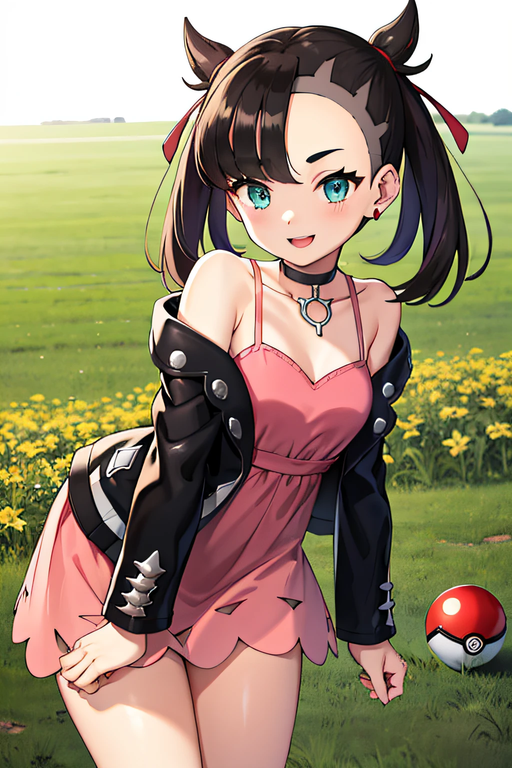 masterpiece, best quality, highres, hmmarnie, aqua eyes, black choker, red ribbon, pink dress, bare shoulders, pink panties, bent over, jewelry, black jacket, open clothes, long sleeves, cowboy shot, standing, field, holding poke ball, poke ball \(basic\), smile, open mouth,