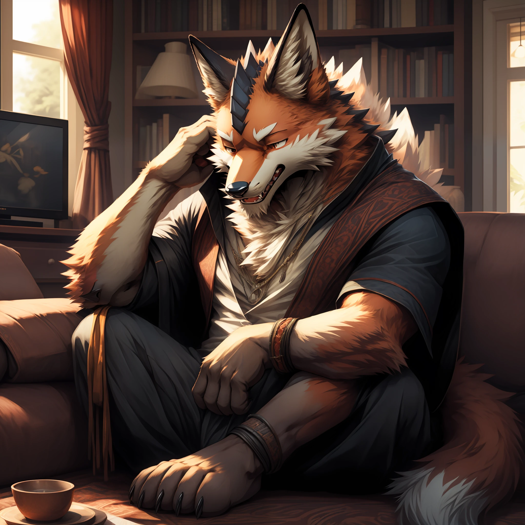 tmasterpiece，Raised sexy，The best quality，ultra - detailed，+hairy pubic，Anthropomorphic fox male，Fox in black，There are a little red details on the ears and paws，Scales and orange-white fur，Handsome，Panting，molasses，Tired，perspired，komono，Living room environment。