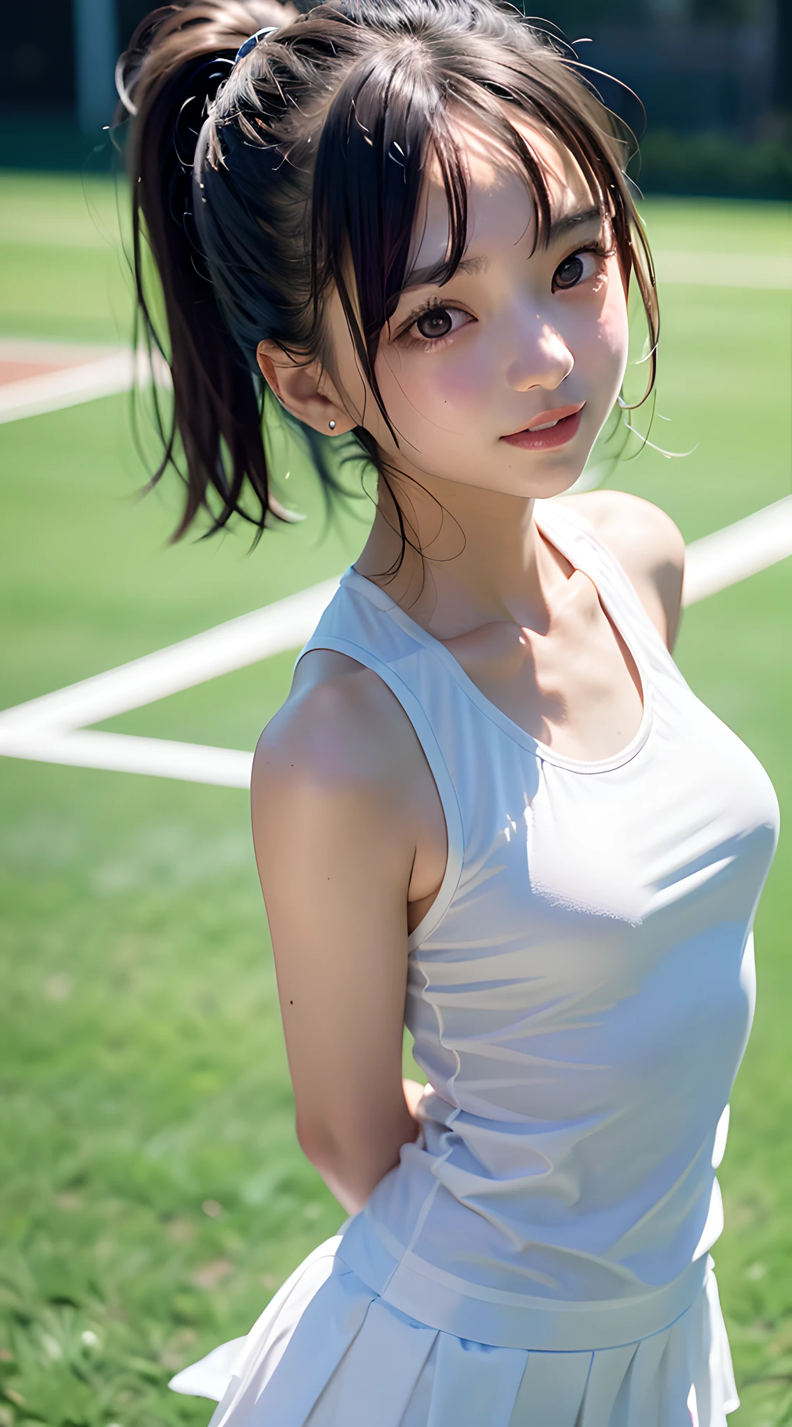 (masterpiece, best quality:1.2), violaceaess, rosaceaess, delicate girl, beautiful face, 8k, official art, raw photo, incredibly absurdres, 85mm portrait, upper body, (close up face:0.8), (tight outfit:1.6), (white tennis clothes:1.5), stylish pose, small head, large breasts, cinch waist, looking at viewer, mini skirt, (arms behind back, empty handed:1.4), arch back, thin arms, thin waist, no makeup, sophisticated, facelight, clear lighting, film grain, chromatic aberration, sharp focus, shiny skin, smile, tennis field, (bokeh background:1.2), simple background