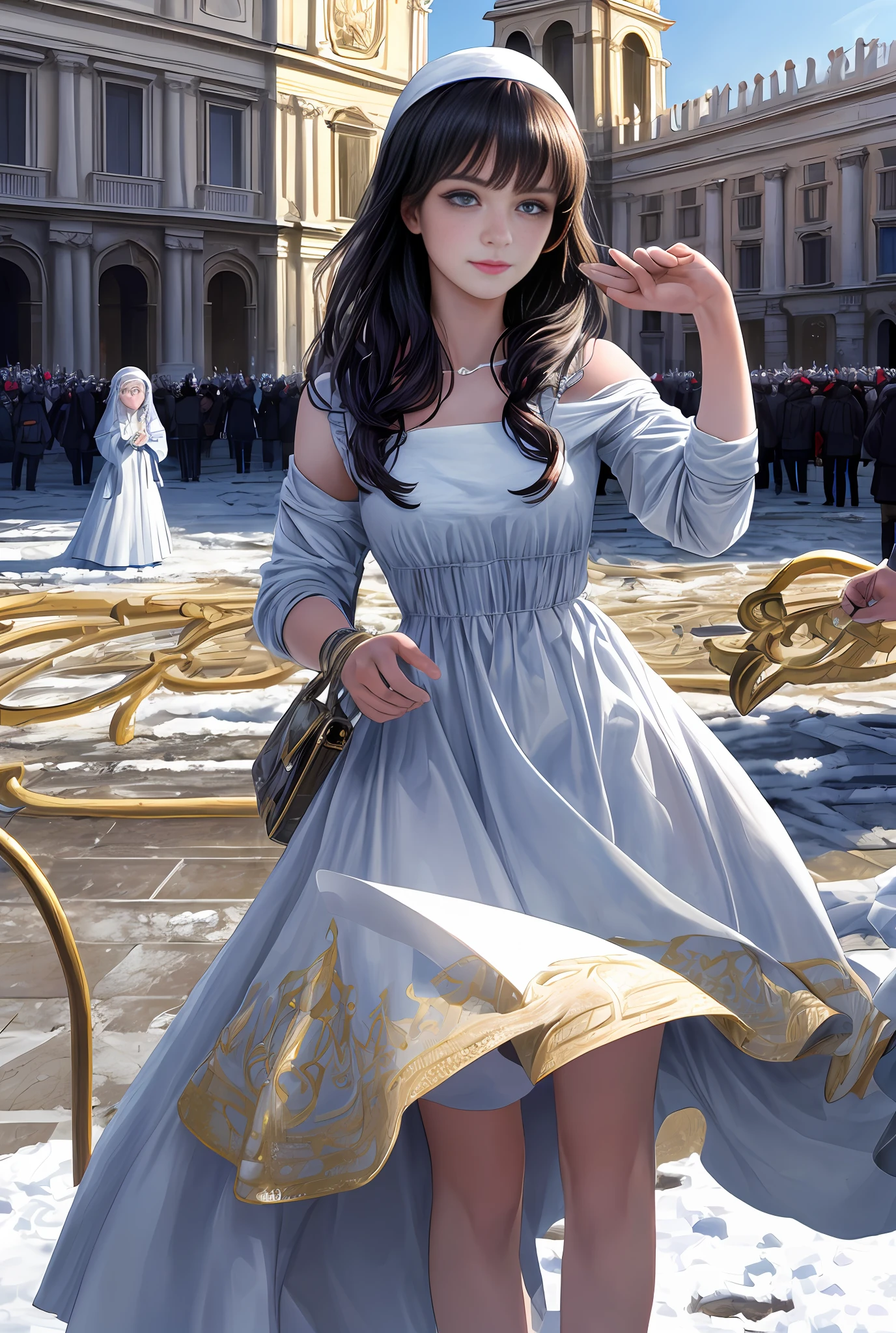 (巨作, Best quality, Realistic),
2girls,duo,winter,Snowy,(on the St. Peter's Square of Vatican,crowd of), sankta. Peter's Square of Vatican background,gypsy dress,(Princess Eyes,shiny pupils),Dancing,  gold, banquet, crowd of, picking up skirt,
[Slight smile],