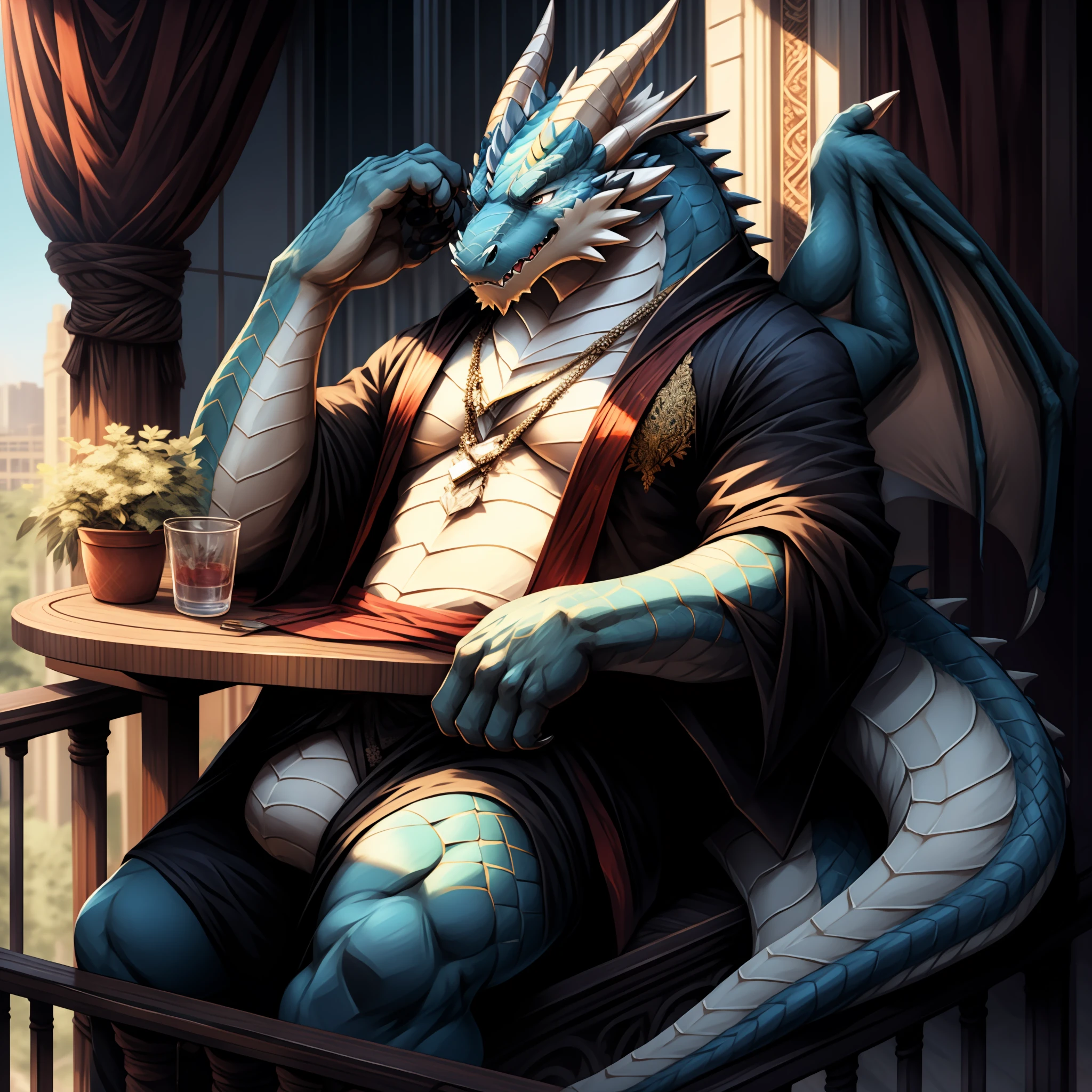 tmasterpiece，Raised sexy，The best quality，ultra - detailed，+hairy pubic，Anthropomorphic dragon males，Black-clad dragon，There are a little red details on the ears and paws，Scales and blue-white fur，Handsome，Panting，molasses，Tired，perspired，komono，Balcony setting。