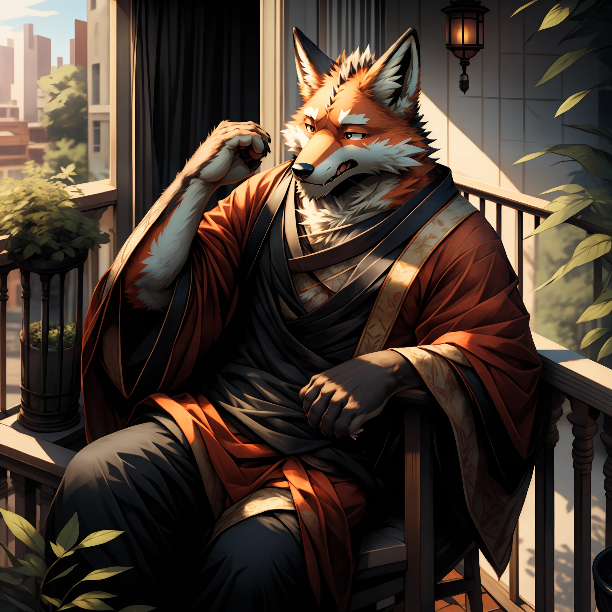 tmasterpiece，Raised sexy，The best quality，ultra - detailed，+hairy pubic，Anthropomorphic fox male，Fox in black，There are a little red details on the ears and paws，Scales and orange-white fur，Handsome，Panting，molasses，Tired，perspired，komono，Balcony setting。