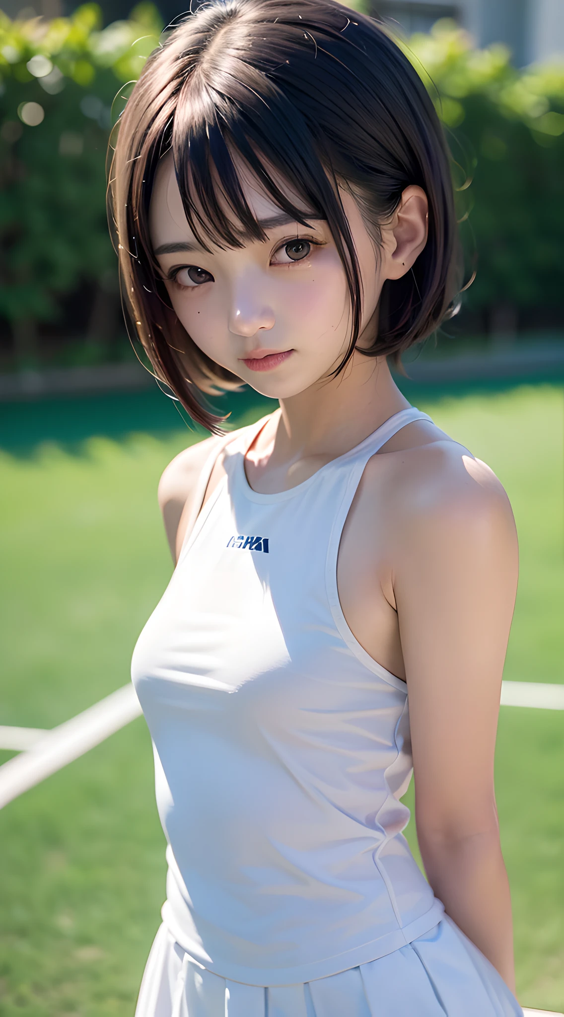 (masterpiece, best quality:1.2), violaceaess, rosaceaess, delicate girl, beautiful face, 8k, official art, raw photo, incredibly absurdres, 85mm portrait, upper body, (close up face:0.8), (tight outfit:1.6), (white tennis clothes:1.5), small head, large breasts, cinch waist, looking at viewer, mini skirt, (arms behind back, empty handed:1.4), arch back, thin arms, thin waist, stylish, sophisticated, facelight, clear lighting, film grain, chromatic aberration, sharp focus, shiny skin, smile, tennis field, (bokeh background:1.2), simple background