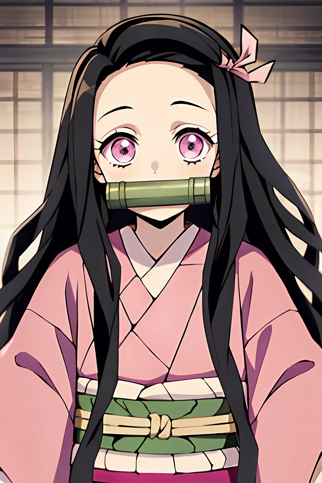 Kamado Nezuko, style kimetsu no yaiba, 1fille, cheveux noirs, front, hair ruban, vêtements japonais, kimono, cheveux longs, cheveux multicolores, Yeux roses, Kimono rose, pink ruban, ruban, very cheveux longs,  bâillonné, Bit Gag,  ((chef-d&#39;œuvre))