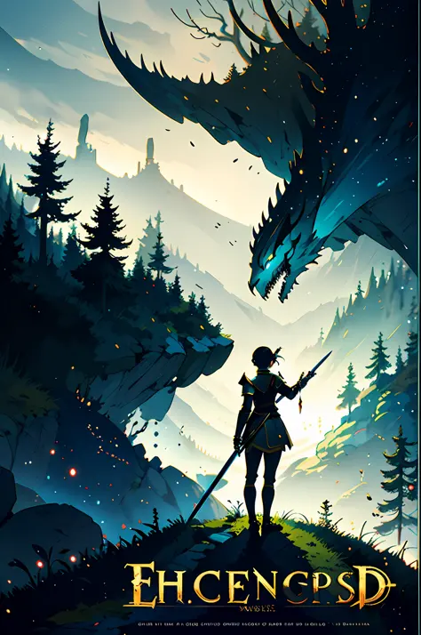 fantasy, epic, movie poster-style illustration, a girl standing in armor, wielding a sword, with a dynamic and magical backgroun...