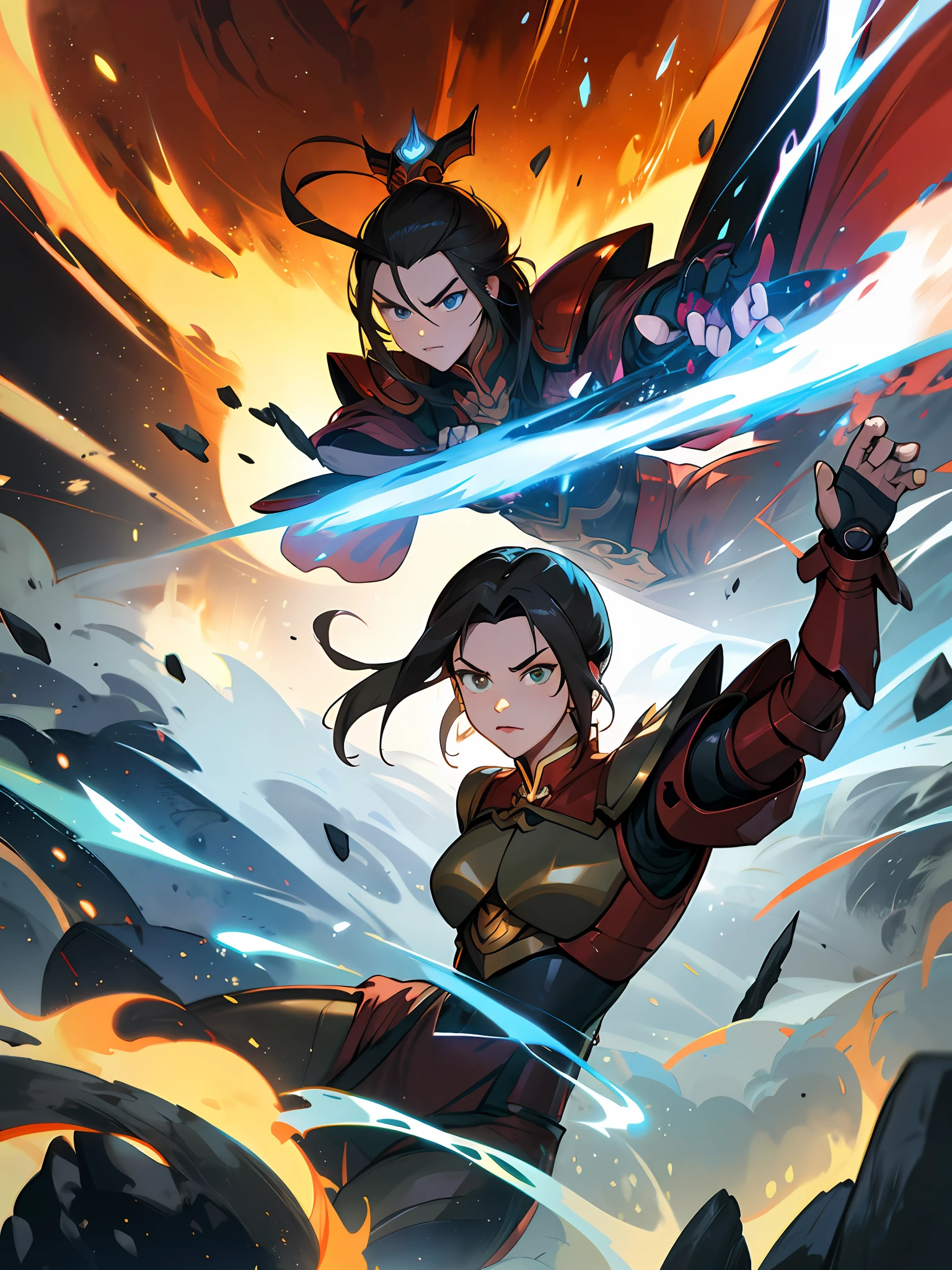 best quality,(1Menina, sozinho, adult female, Mature female), Azula, cabelos brancos, olhos dourados,
red cyber armor, Action Pose, fogo azul, fundo floresta do fogo, (edgMechagirl capacete), serious face, franzir, movimento, dynamic pose, artes marciais,