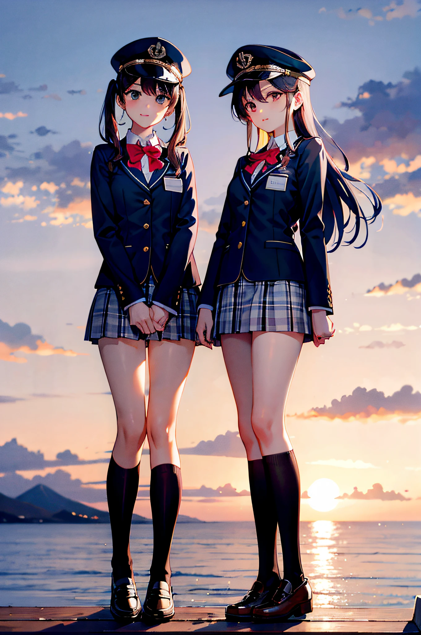 sakurajima mai，in ，With a cap，Short skirt and black stockings，standing on the sea side，Eyes on the audience，The sunset reflects her beauty。