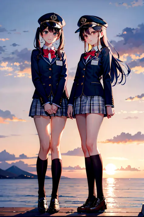 sakurajima mai，in school uniform，With a cap，Short skirt and black stockings，standing on the sea side，Eyes on the audience，The su...