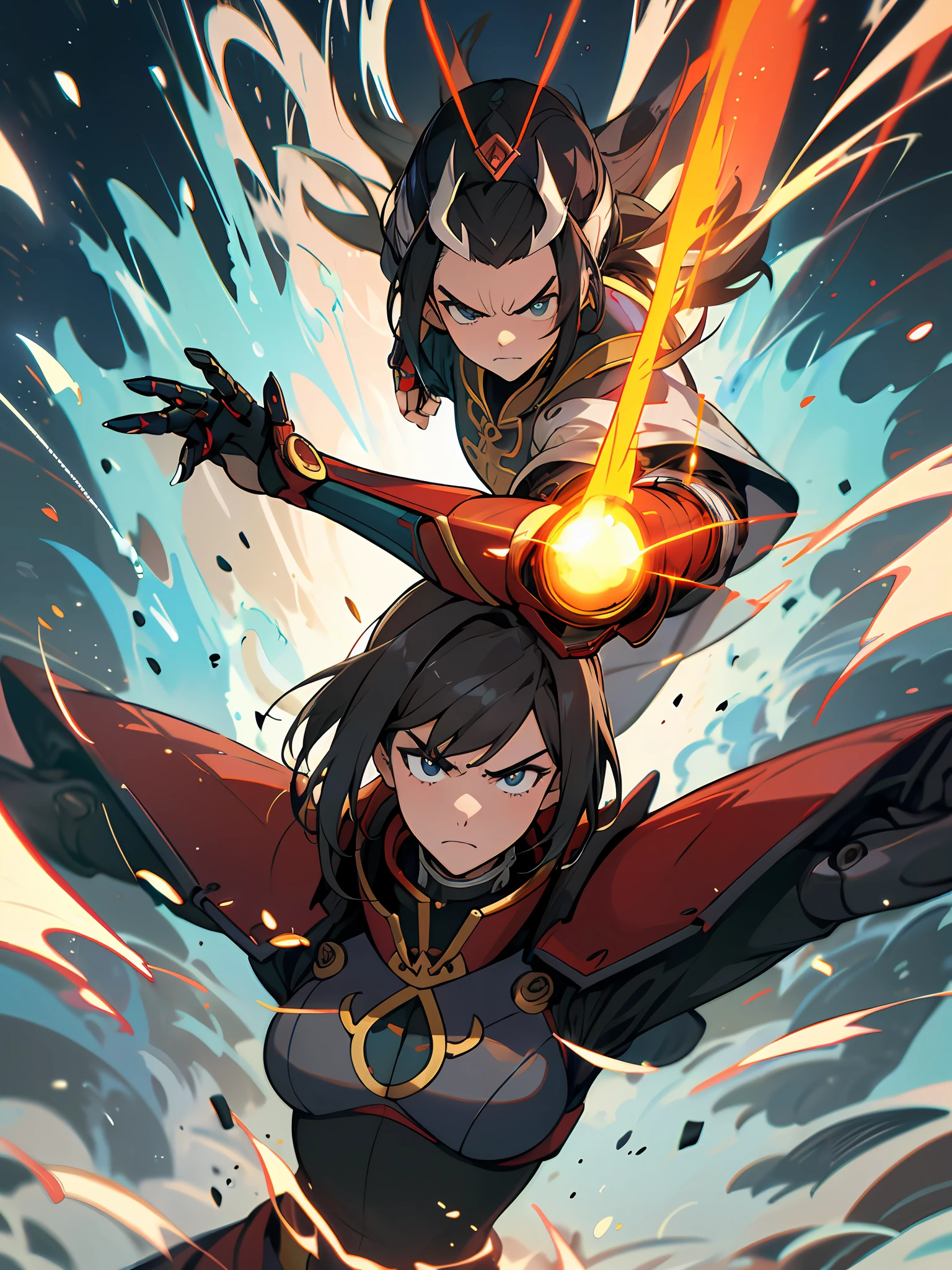 best quality,(1, standing alone, adult female, Mature female), Azula, blackquality hair, gold eyes,
red cyber armor, Action Pose, fire blue, blue fire background, (edgMechagirl capacete), serious face, frown, motion, dynamic pose, martial arts,