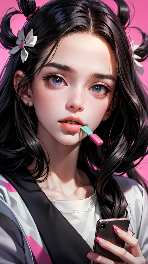 Potrait of a Nezuko, from kimetsu no Yaiba Universe, with amazing face, long black hair, chewing gum, cyberpunk style, at the ci...