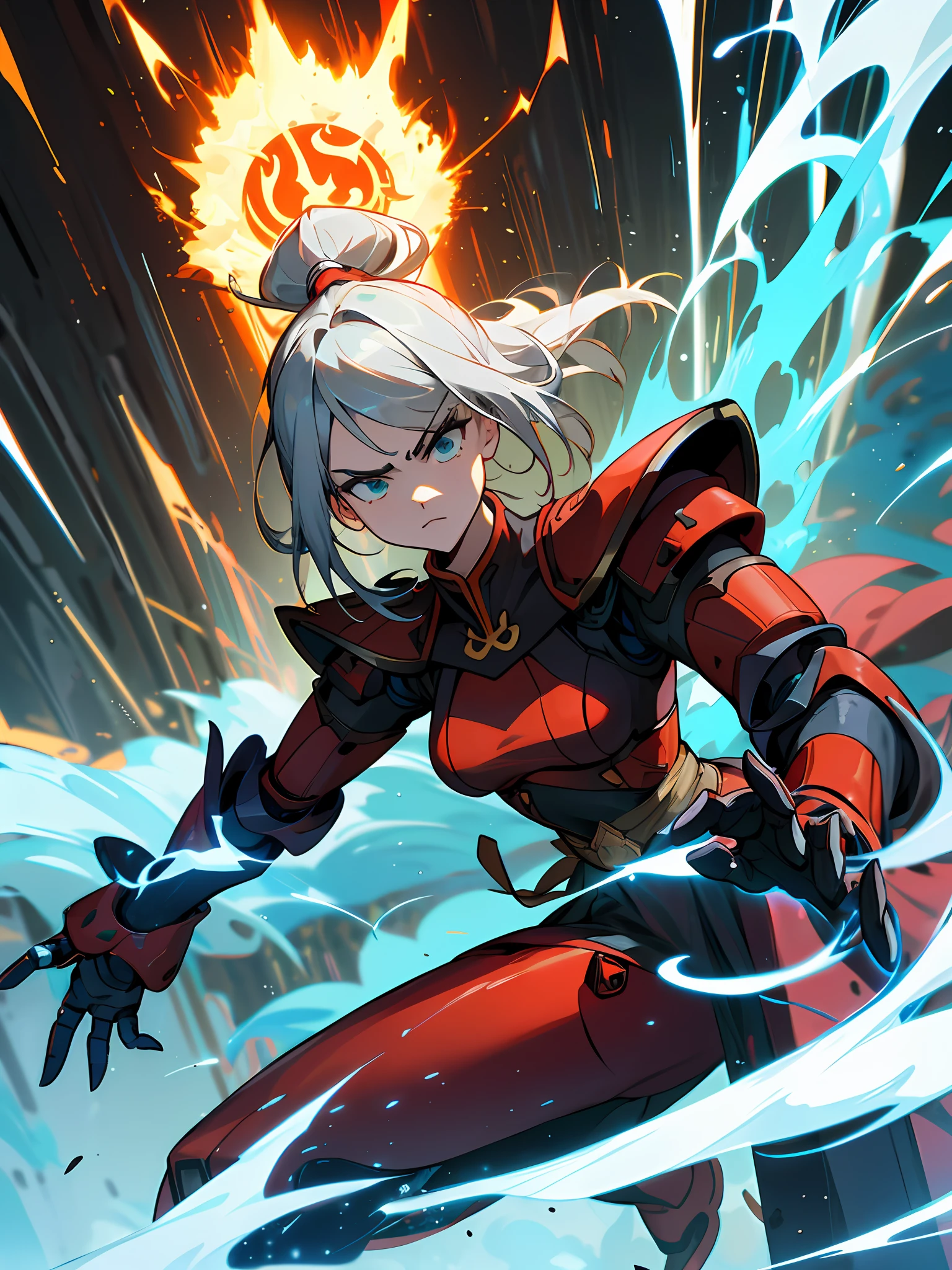 best quality,(1, standing alone, adult female, Mature female), Azula, blackquality hair, gold eyes,
red cyber armor, Action Pose, fire blue, blue fire background, (edgMechagirl capacete), serious face, frown, motion, dynamic pose, martial arts,