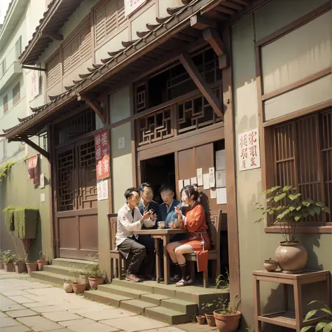 A group of people chatting in front of an old Chinese-style house