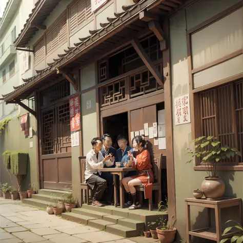 a group of people chatting in front of an old chinese-style house