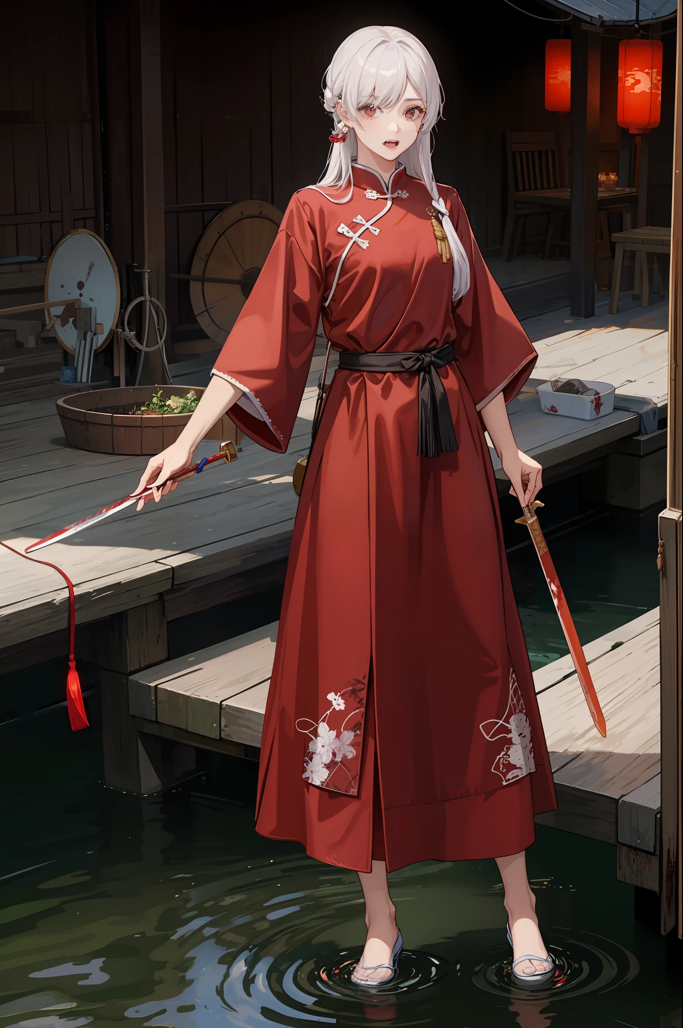 Anime - style woman in red dress standing in water with a red stick -  SeaArt AI