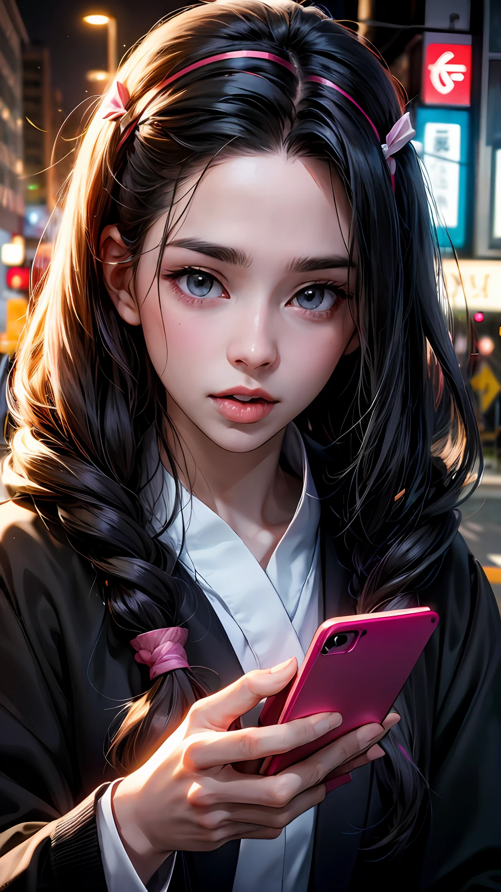 祢豆子的肖像, 出自《鬼灭之刃宇宙》, 有着惊人的面容, 黑色长发, 口香糖, 赛博朋克风格, 在东京的城市之光, 穿着带有粉色条纹的黑色连帽衫, 拿着智能手机, 高分辨率, 4k, 高清, 现实--自动