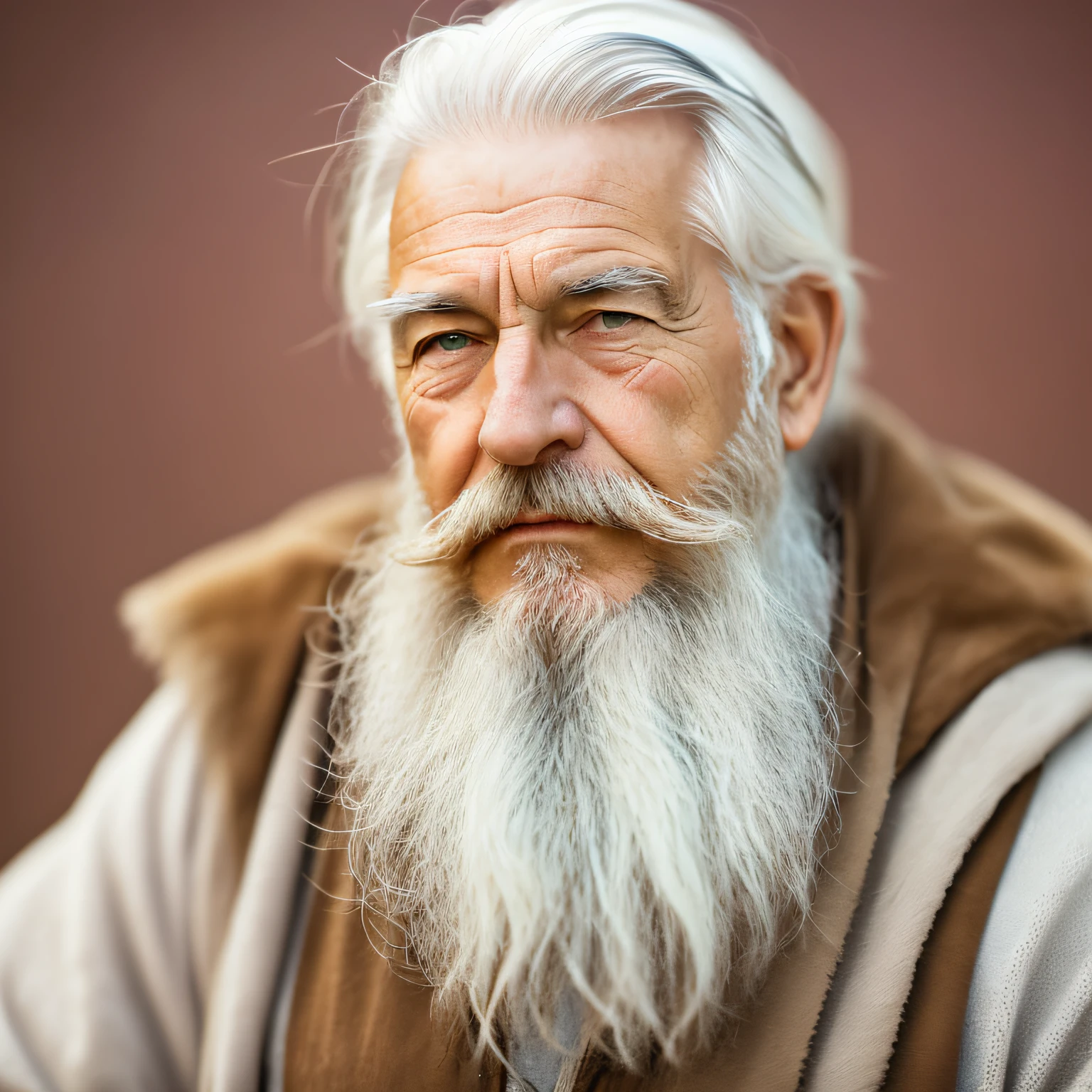 um velho com barba e cabelos brancos, com um rosto sereno