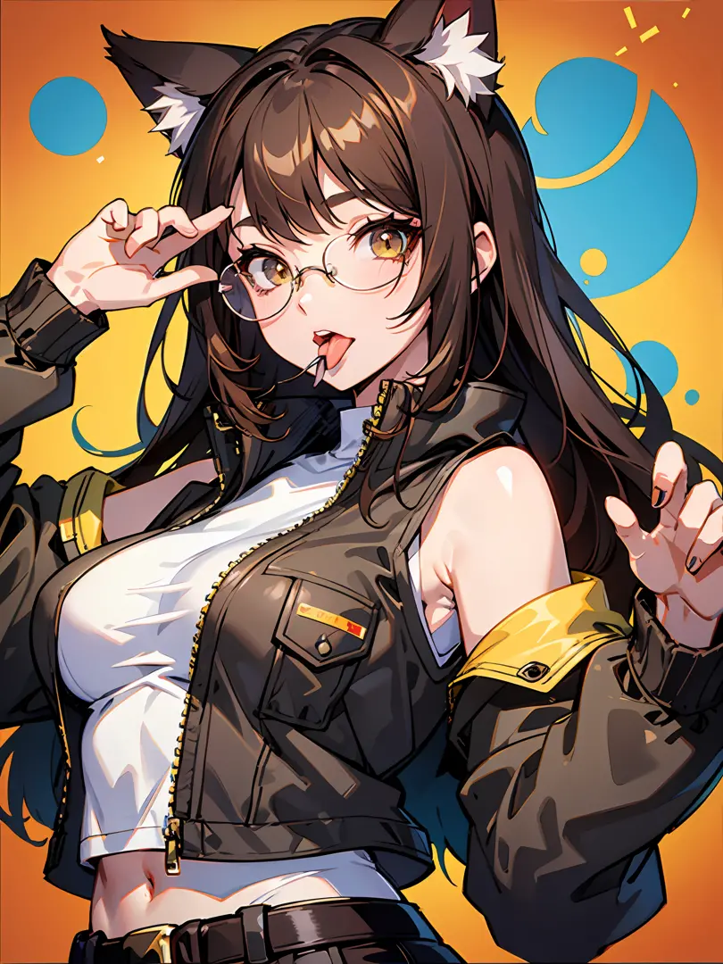 （（（1girll））），cat ears，raise both hands，brown hair long，vests，jaket，cropped shoulders，cowboy lens，eye glass，medium boob，yellow ba...