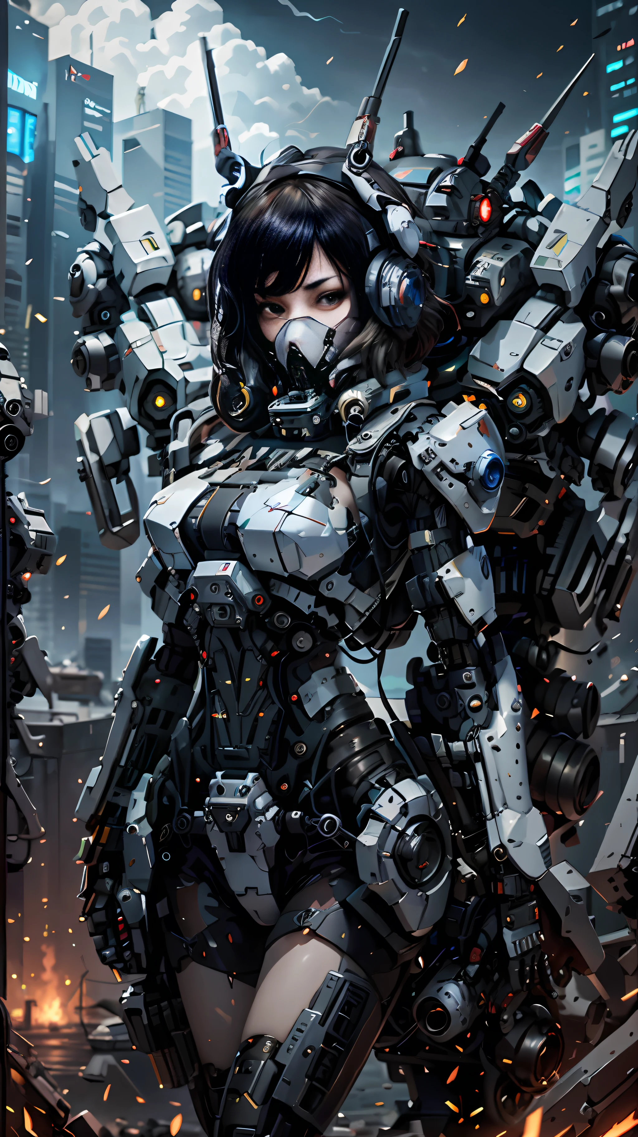 This is a CG Unity 8k wallpaper with ultra-detailed, high-resolution and top quality in cyberpunk style, dominated by black and red. In the picture, a beautiful girl with white messy short hair, a delicate face, wearing a steam mecha mask, standing on the ruins, behind her is a huge robot, and the action of a woman holding a heavy sniper rifle in her hand,