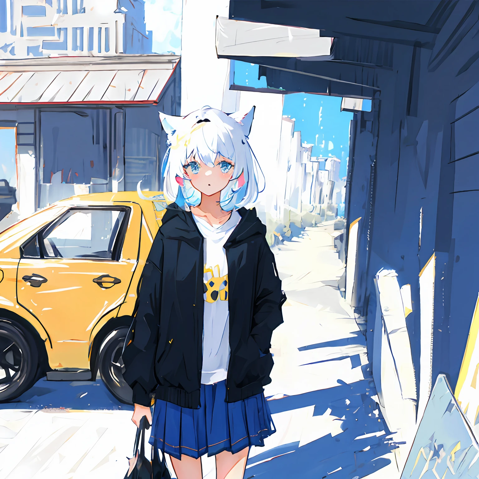 elementary student，female pervert，White hair，cat ear，