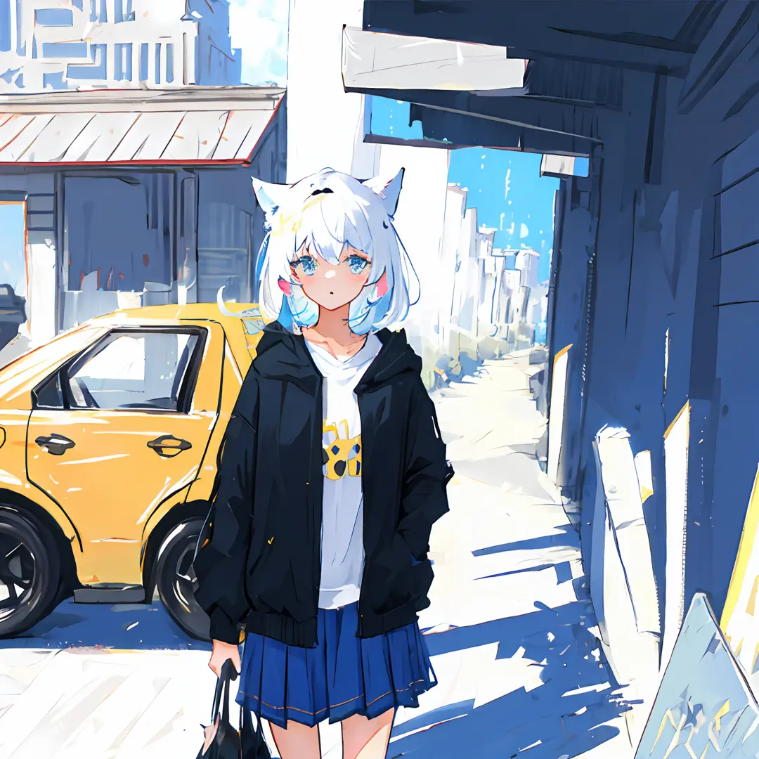 elementary student，female pervert，White hair，cat ear，