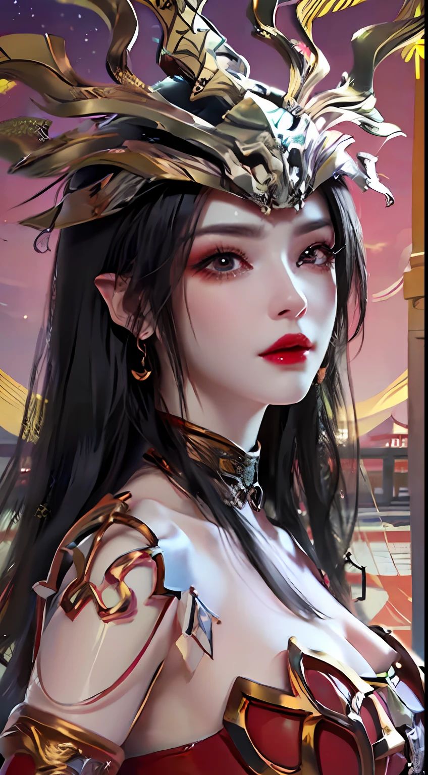 1 very beautiful queen medusha in hanfu dress, thin red silk shirt with many yellow motifs, black lace top, crown on her head, long hair dyed black, beautiful hair jewelry, pretty face pretty and cute, perfect face, earring jewelry, light purple rabbit ears, antique jewelry, big red eyes, sharp eye makeup, meticulous makeup eyelashes, thin eyebrows, nose tall, pretty red lips, no smile, pursed lips, rosy cheeks, wide breasts, big breasts, well-proportioned breasts, slim waist, red mesh stockings with black lace, Chinese hanfu style, fictional art patterns, colors vivid and realistic, RAW photos, realistic photos, ultra-high quality 8k surreal photos, cool photos, (virtual lighting effects: 1.8), 10x pixels, magic effects (background): 1.8), super detailed eyes, beautiful girl body portrait, girl alone, ancient hanfu background, looking directly at the audience, wide original photo, 8k quality, super sharp, detailed and clear picture best, detailed light background,