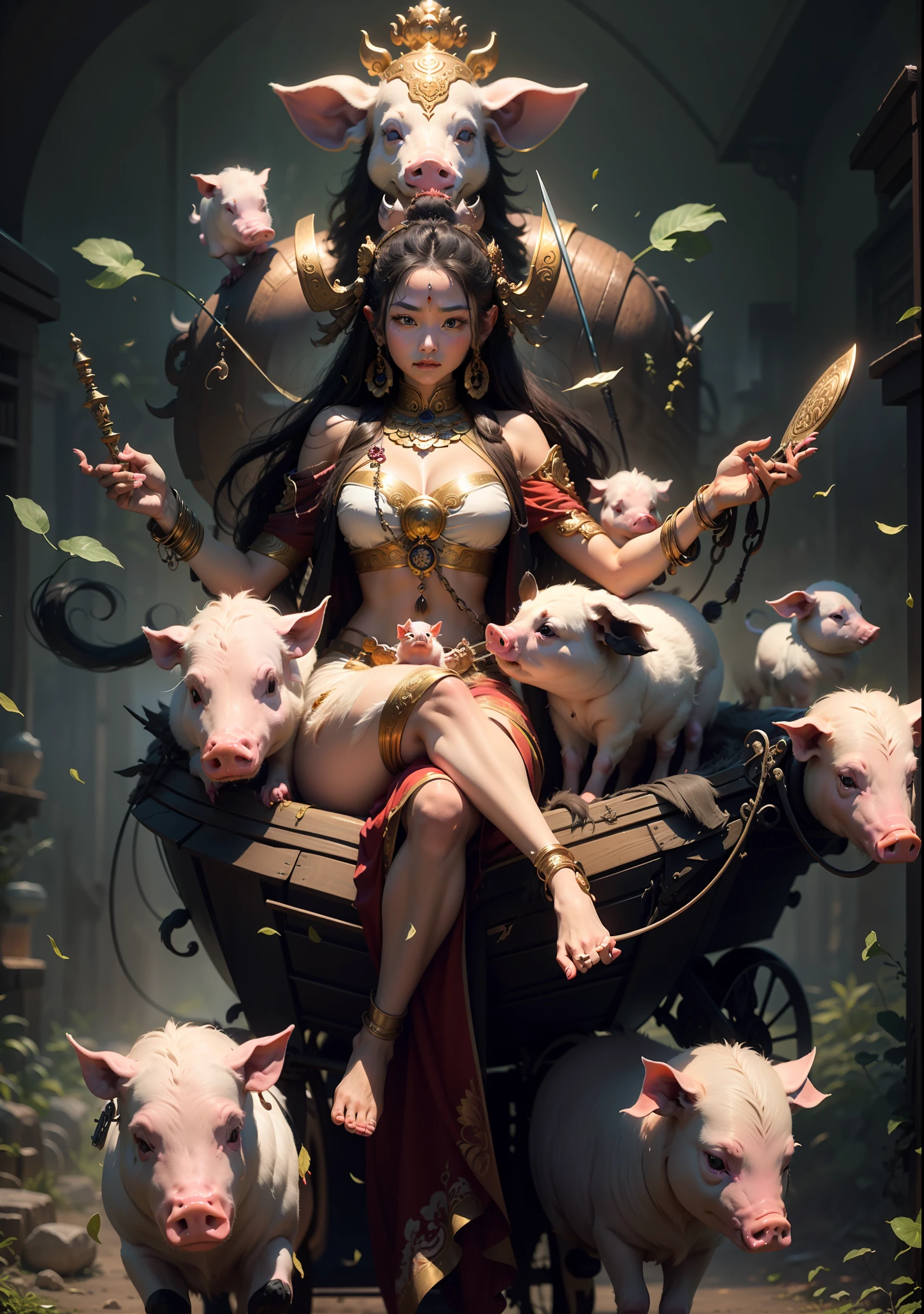 Three-sided eight-armed female bodhisattva，sitting on a rook，Hold a variety of magic weapons，Seven piglets pull the cart in front，