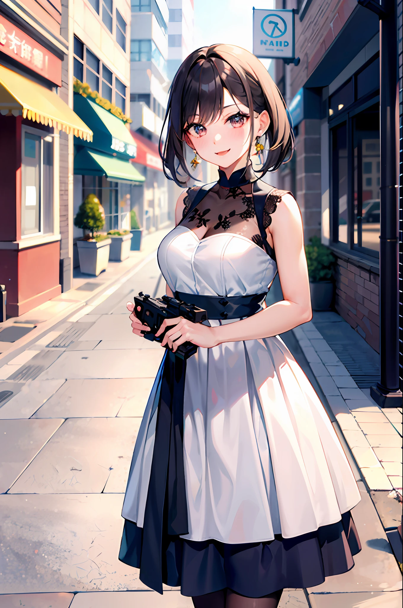 (morning), 1girl, 独奏, looking at viewert，（white dresses：1.2），Impeccable，prette，Excellent figure，夏天，Cowboy shooting，(downtown area)，Cowboy shooting，ssmile，brunette color hair